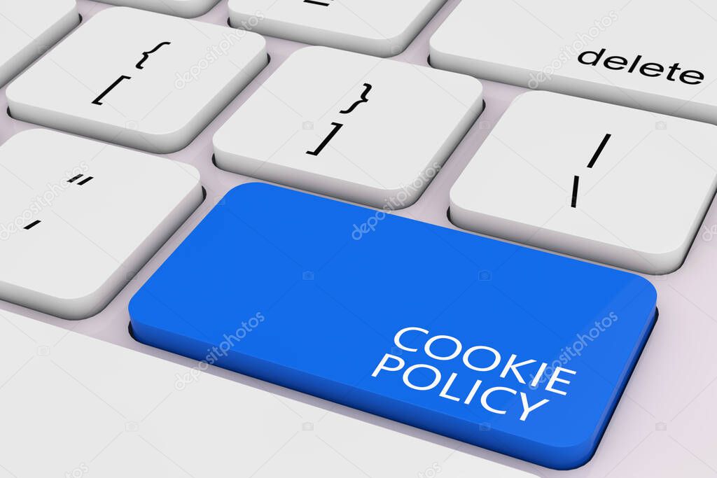 Blue Cookie Policy Key on White PC Keyboard extreme closeup. 3d Rendering