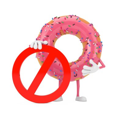 Kırmızı Yasaklı Büyük Çilek Pembe Donut Karakteri Maskotu ya da beyaz arka planda Yasak Tabela. 3d Hazırlama