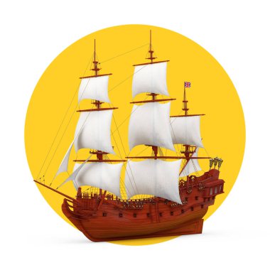 Beyaz ve sarı arka planda Kırmızı Tahta Vintage Yelkenli Gemi, Caravel, Korsan Gemisi veya Savaş Gemisi. 3d Hazırlama