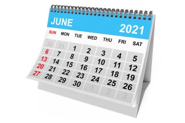 Beyaz bir arka planda 2021 Haziran takvimi. 3d oluşturma