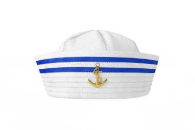 Beyaz arka planda Altın Çapa amblemi olan Denizci Şapkası. 3d Hazırlama