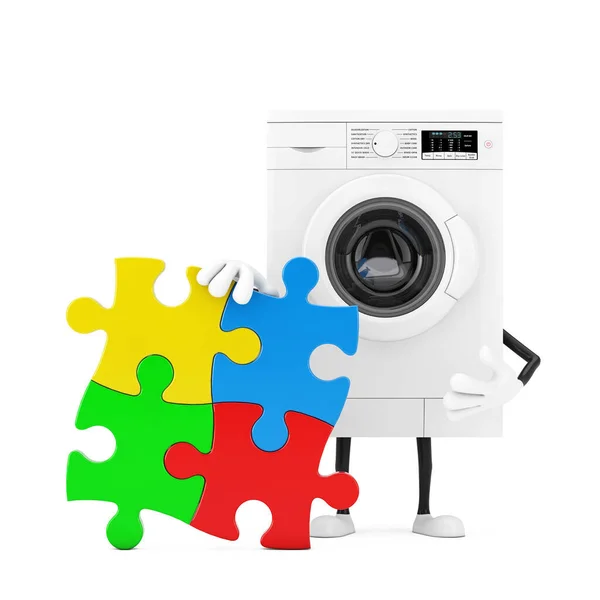 Moderní Bílá Pračka Čtyřmi Kousky Barevné Skládačky Puzzle Bílém Pozadí — Stock fotografie