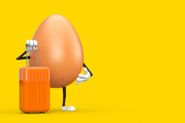 ブラウンチキン卵人物黄色の背景にオレンジ旅行スーツケースとキャラクターマスコット 3Dレンダリング — ストック写真