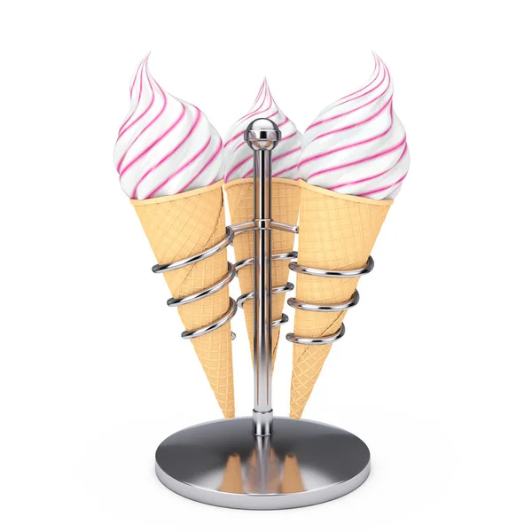 Soft Serve Ice Cream in Waffle Crispy Ice Cream Cones in Chrome Holders on a white background. 3d Rendering