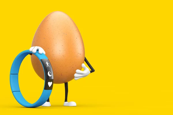 Brown Chicken Egg Person Maskotka Znaków Blue Fitness Tracker Żółtym — Zdjęcie stockowe