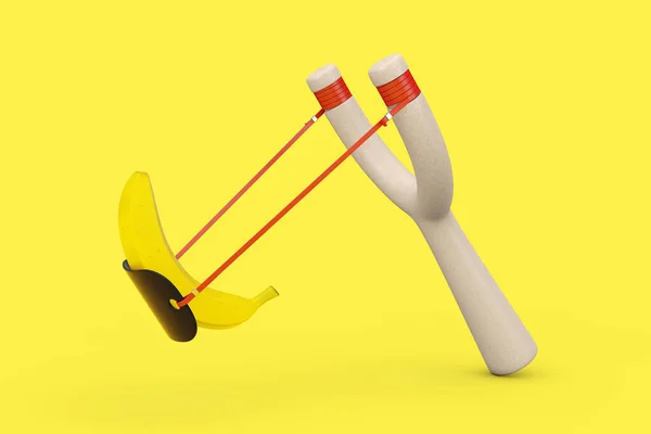Danger Wooden Slingshot Toy Weapon Ripe Yellow Banana Fruit Жовтому — стокове фото