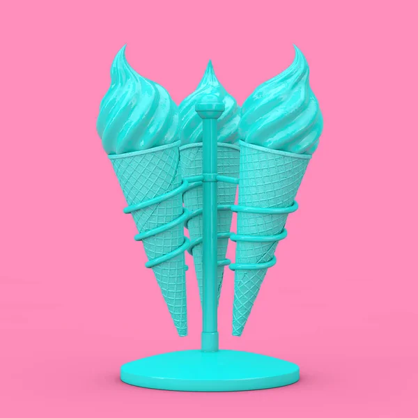 ワッフルの中のブルーソフトクリームピンクの背景にデュオトーンスタイルとしてホルダーにクリスピーなアイスクリームコーン 3Dレンダリング — ストック写真