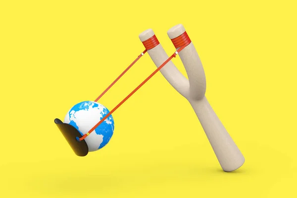 Danger Wooden Slingshot Toy Weapon Globe Κίτρινο Φόντο Απόδοση — Φωτογραφία Αρχείου