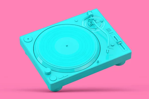 蓝色专业Dj 可转手的Vinyl唱片播放器 Duotone风格 粉红背景 3D渲染 — 图库照片