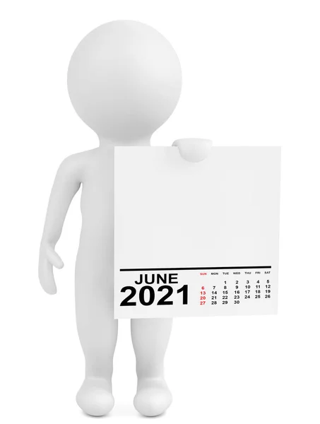 Character Holding Calendrier Juin 2021 Année Sur Fond Blanc Rendu — Photo