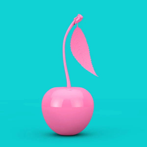 青を基調としたDuotone Styleの葉を持つ新鮮なピンクのチェリーフルーツ 3Dレンダリング — ストック写真