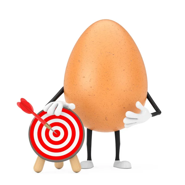 褐色鸡蛋人物形象吉祥物与箭靶和飞镖在中心的白色背景 3D渲染 — 图库照片