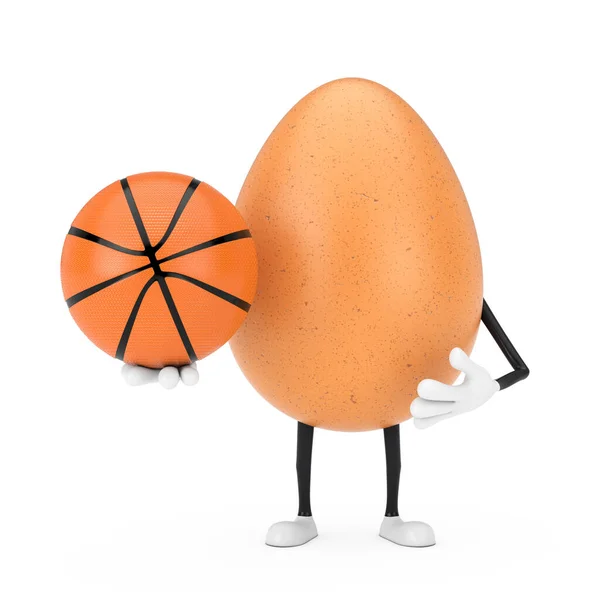 Beyaz Arka Planda Basketbol Topu Olan Kahverengi Tavuklu Yumurta Karakteri — Stok fotoğraf
