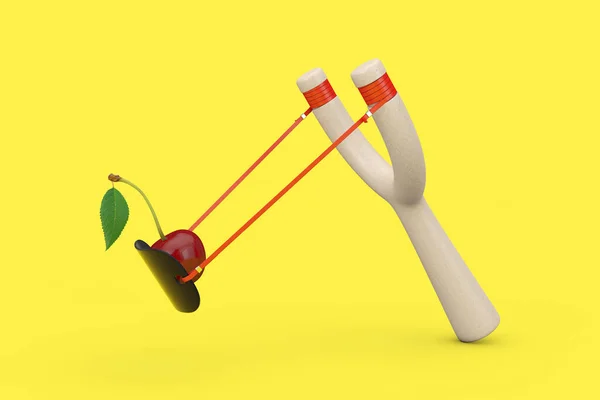 危险的木制弹弓玩具武器和新鲜樱桃水果与叶子的黄色背景 3D渲染 — 图库照片