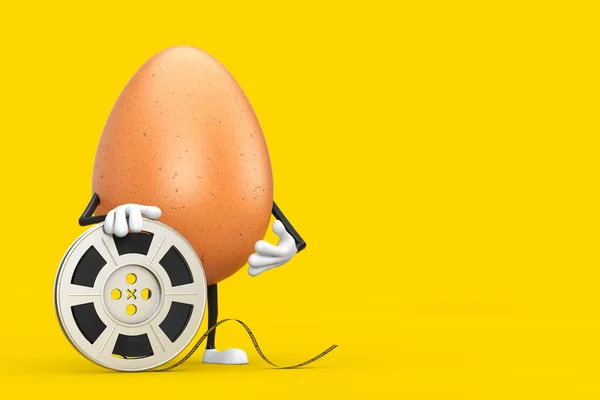 褐色鸡蛋人物形象吉祥物与电影胶片带黄色背景 3D渲染 — 图库照片