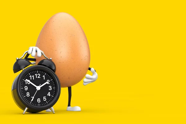 Kahverengi Tavuklu Yumurta Karakteri Maskotu Sarı Arka Planda Alarm Saati — Stok fotoğraf