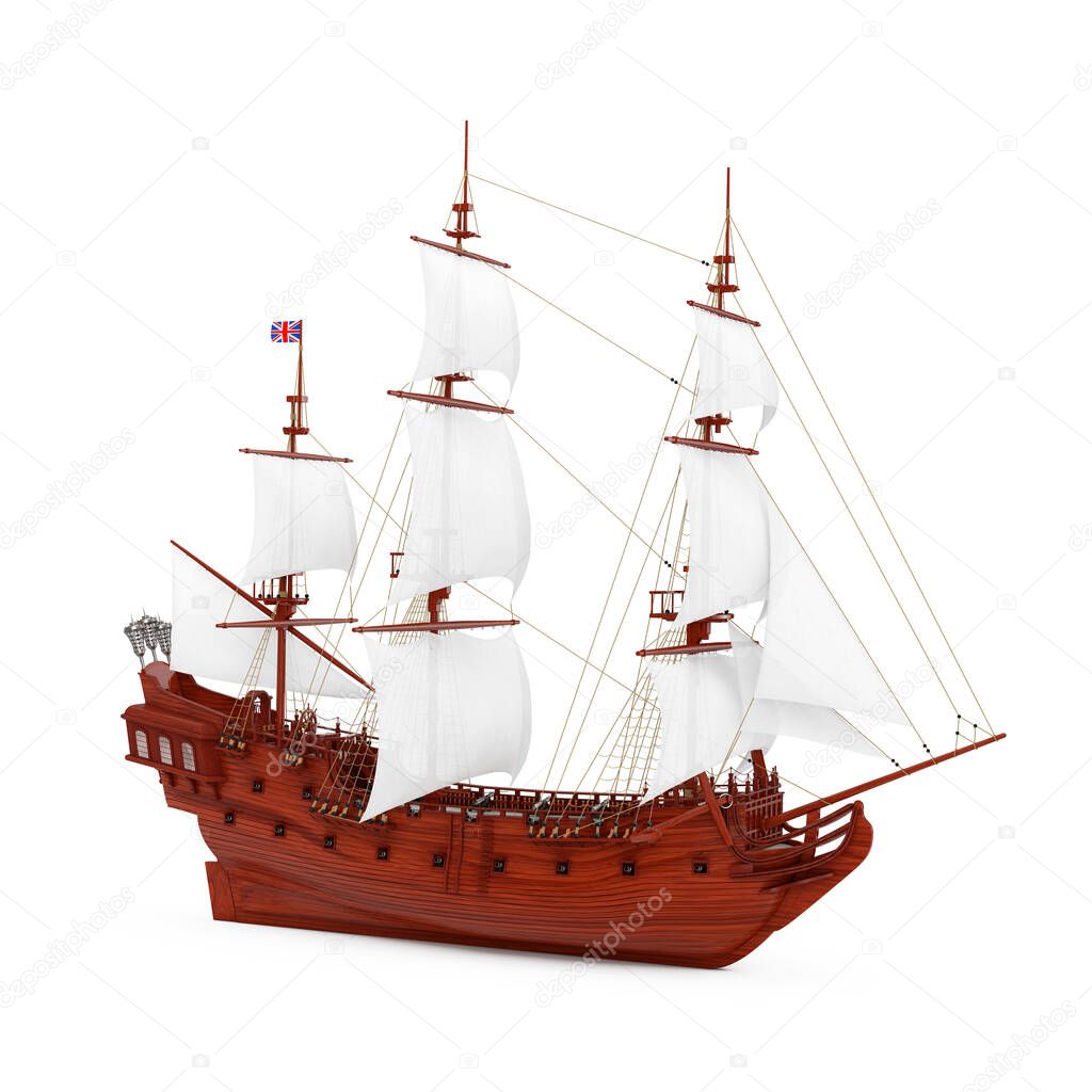 Red Wooden Vintage Tall Sailing Ship, Caravel, Pirate Ship or Warship on a white background. 3d Rendering