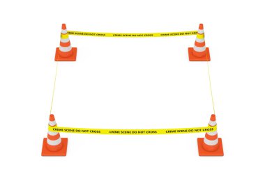 Sarı bant beyaz arka planda yol konisiyle polis sınırını geçmez. 3d Hazırlama