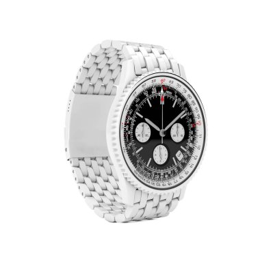 Beyaz bir arka planda, Clay Style 'da Lüks Analog Erkekler Beyaz Bilek Saati. 3d Hazırlama