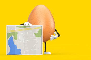  Soyut Şehir Planlama Haritası 'na sahip kahverengi tavuklu yumurta karakteri maskotu. 3d Hazırlama