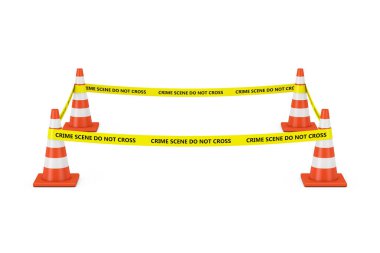 Sarı bant beyaz arka planda yol konisiyle polis sınırını geçmez. 3d Hazırlama