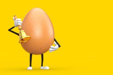  Sarı arka planda klasik Altın Okul Çanı olan kahverengi tavuklu yumurta karakteri maskotu. 3d Hazırlama