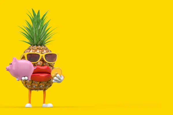 Komik Çizgi Film Hipster Pineapple Person Karakter Maskotu Piggy Bank — Stok fotoğraf