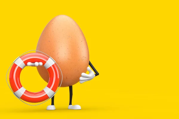 Brown Chicken Egg Person Character Mascot Life Buoy Yellow Background — Stock Photo, Image