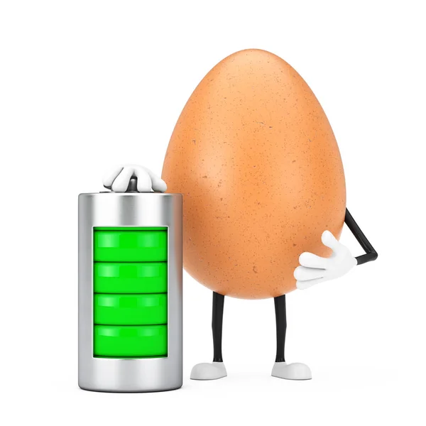 Brown Chicken Egg Person Maskotka Postaci Abstrakcyjnym Ładowaniem Bateria Białym — Zdjęcie stockowe