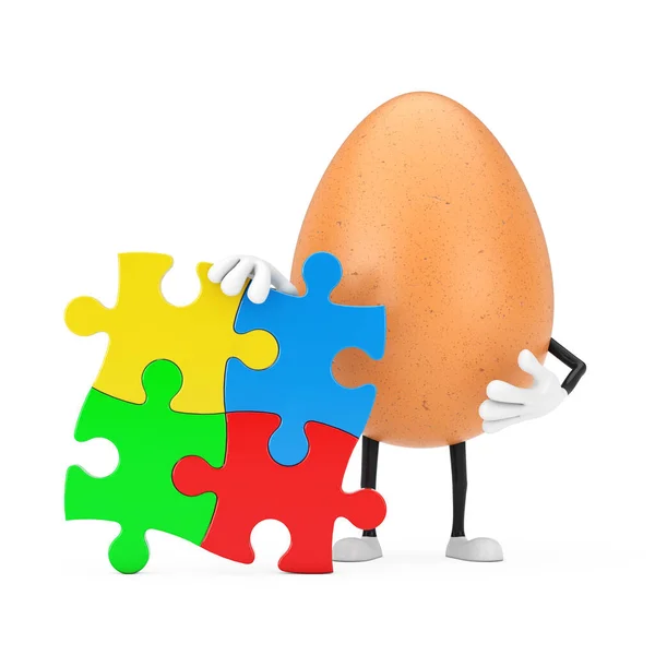 褐色鸡蛋人物吉祥物与四个彩色拼图拼图拼图白色背景 3D渲染 — 图库照片
