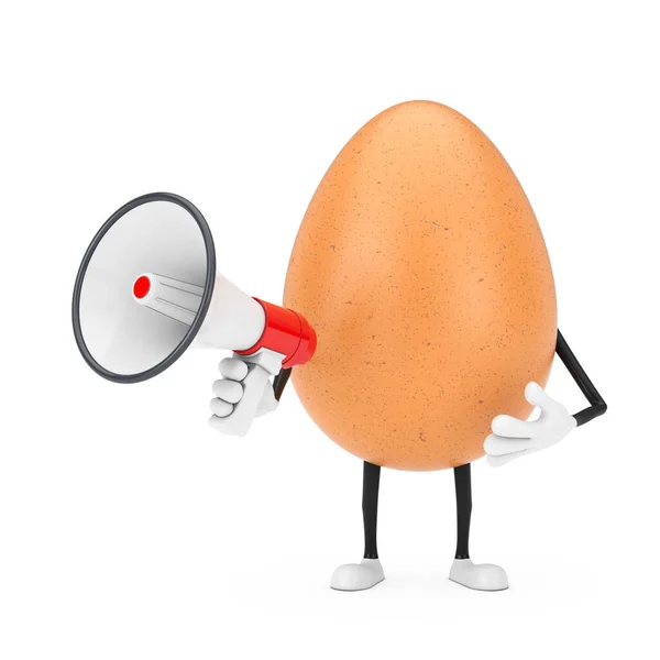 褐色鸡蛋人物形象吉祥物与红色复古扩音器白色背景 3D渲染 — 图库照片