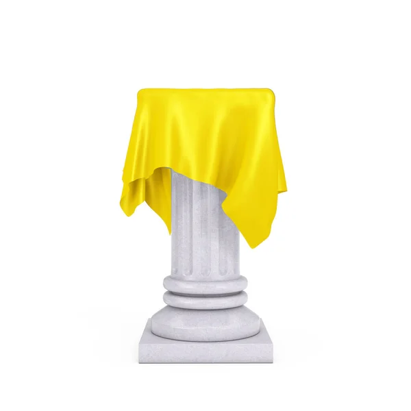 白色的介绍柱 白色的背景上有黄色的丝织品 3D渲染 — 图库照片
