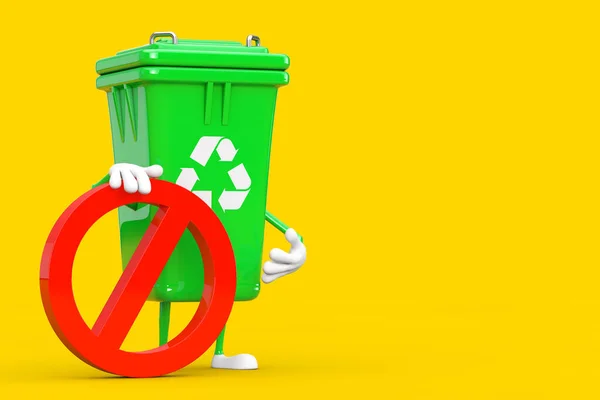 Recycle Sign Groene Vuilnisbak Karakter Mascotte Met Rode Verbod Verboden — Stockfoto