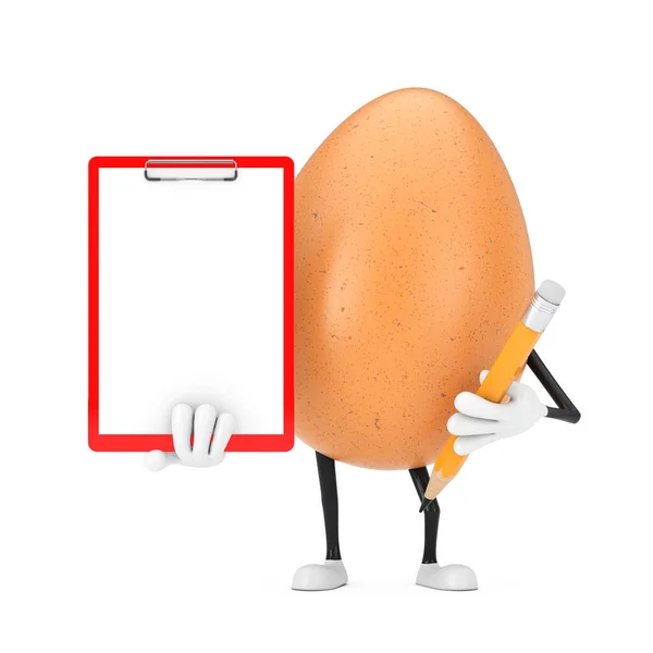 Brown Chicken Egg Person Character Mascot Red Plastic Clipboard Paper — Stock Photo, Image