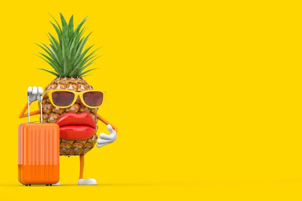 Mascotte Personnage Ananas Cartoon Fashion Hipster Cut Fun Avec Valise — Photo