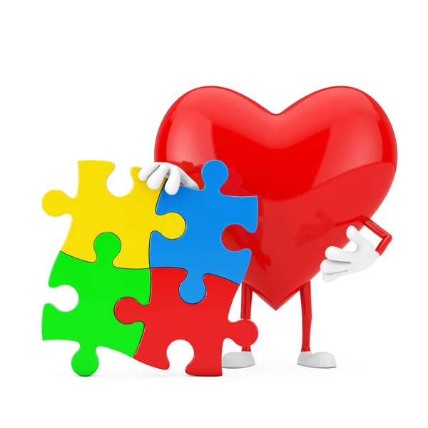 Mascotte Personnage Coeur Rouge Avec Quatre Pièces Puzzle Coloré Sur — Photo