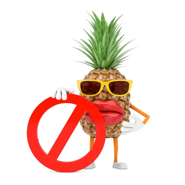 재밌는 Cut Pineapple Person Character Mascot Red Prohibition Forbidden Sign — 스톡 사진