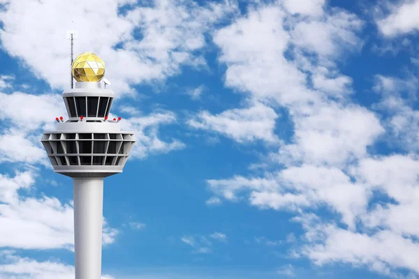 Flygplats Air Traffic Control Tower Byggnad Blå Himmel Molnig Bakgrund — Stockfoto