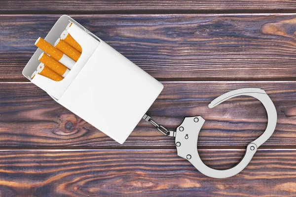 Mockup Blank Cigaretter Pack Kedjade Till Metall Handfängsel Trä Bord — Stockfoto