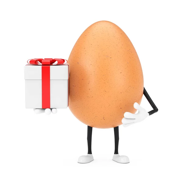 Brown Chicken Egg Person Character Mascot Gift Box Red Ribbon — Stock Photo, Image