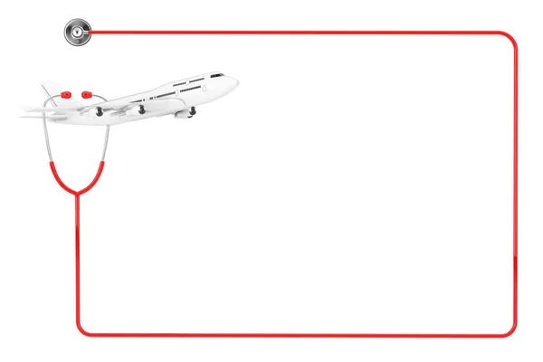 Белый Реактивный Пассажирский Самолет Стетоскопом Доктора Красном Рамка Чистым Пространством — стоковое фото