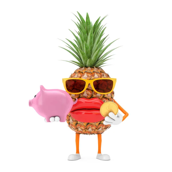 Fun Cartoon Fashion Hipster Cut Maskotka Postaci Ananasa Piggy Bank — Zdjęcie stockowe
