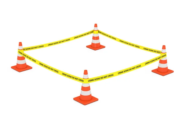 Žlutá Páska Nepřekračujte Policejní Linii Silničními Kužely Bílém Pozadí Vykreslování — Stock fotografie