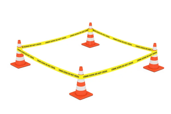 Gul Tejp Inte Korsa Polislinje Med Road Cones Vit Bakgrund — Stockfoto