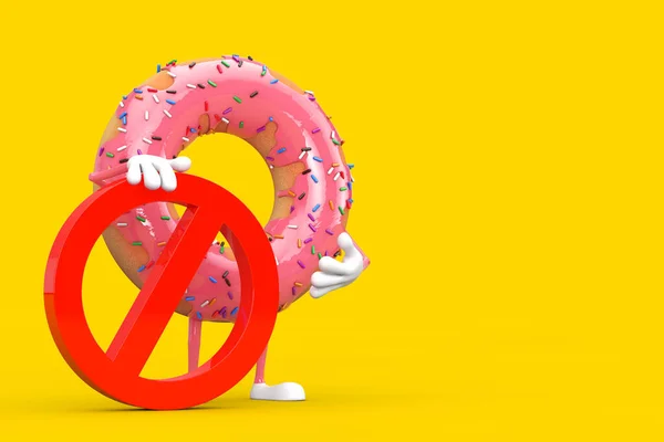 Grande Fragola Rosa Smaltato Donut Persona Personaggio Mascotte Con Divieto — Foto Stock