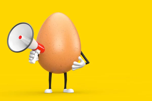 赤レトロメガホン付きブラウンチキン卵人物キャラクターマスコット黄色の背景に 3Dレンダリング — ストック写真