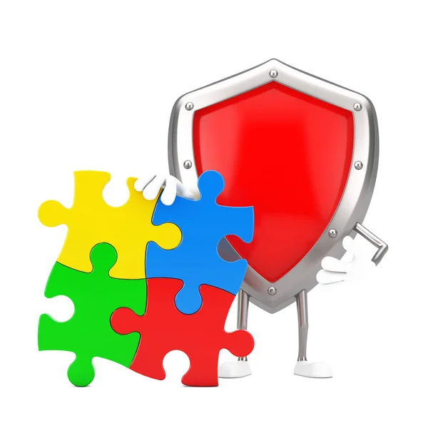 Red Metal Protection Shield Person Character Mascot Four Pieces Colorful — Stock Photo, Image