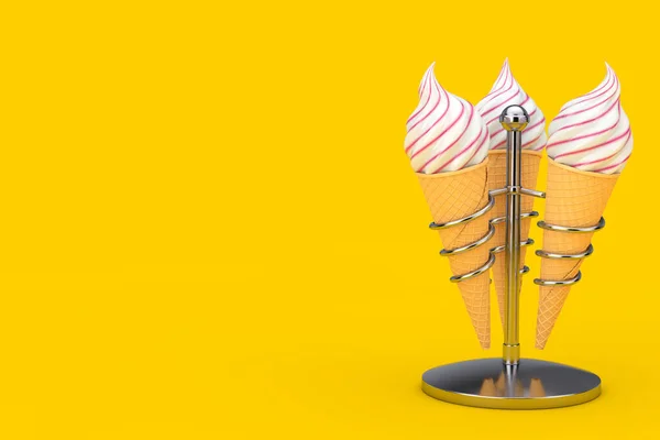 Soft Serve Ice Cream in Waffle Crispy Ice Cream Cones in Chrome Holders on a yellow background. 3d Rendering