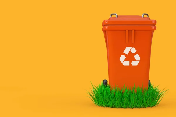 Lixeira Lixo Lixo Lixeira Laranja Grama Verde Fundo Amarelo Renderização — Fotografia de Stock