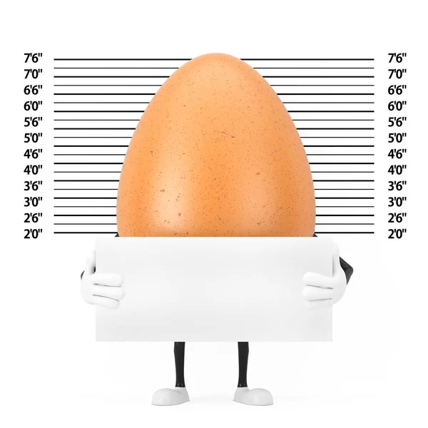 棕色鸡蛋人物形象吉祥物与识别板前面的警戒线或射击背景极端特写 3D渲染 — 图库照片
